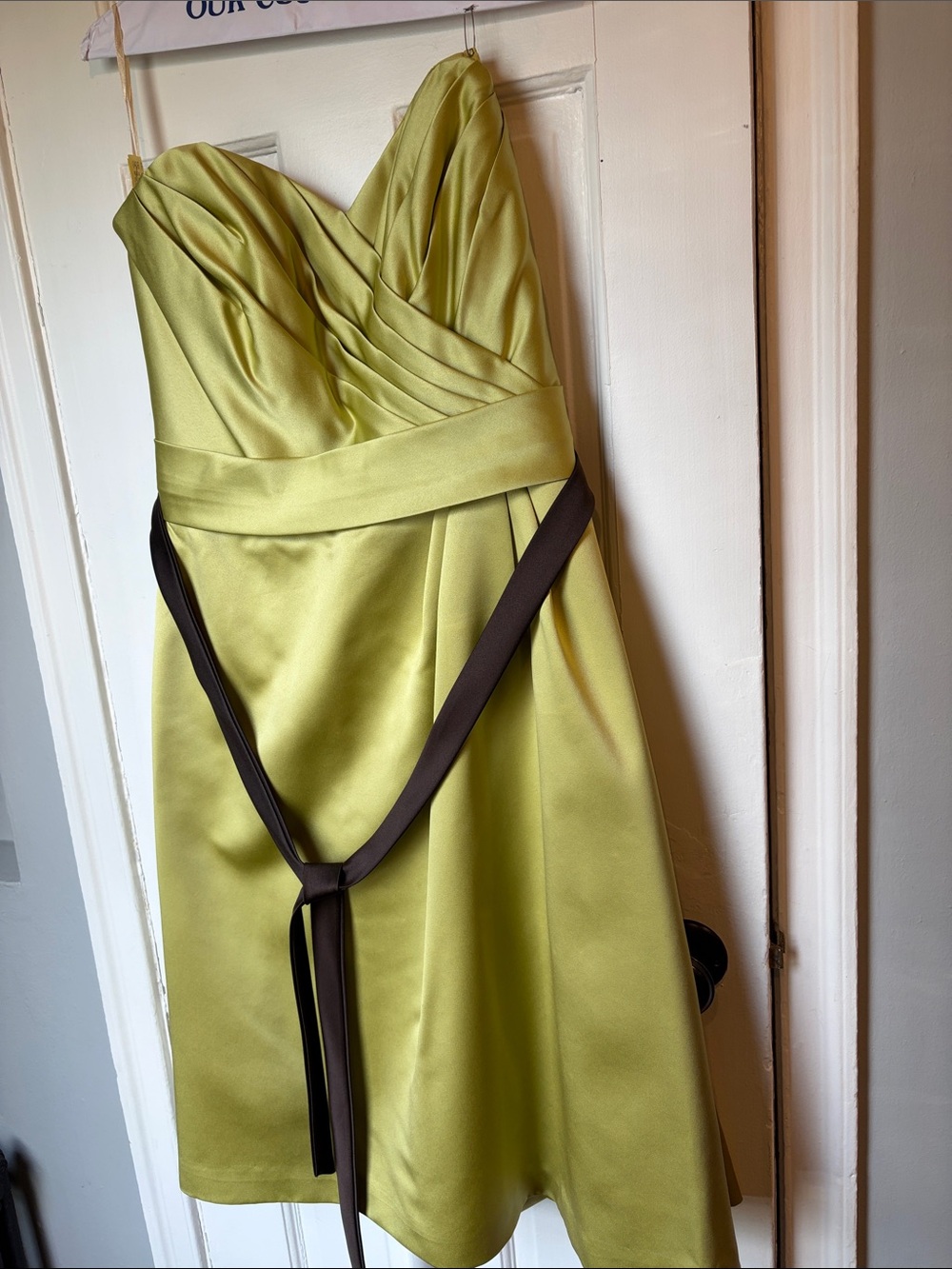 Strapless Lime Green Satin Dress with Contrast Brown Sash